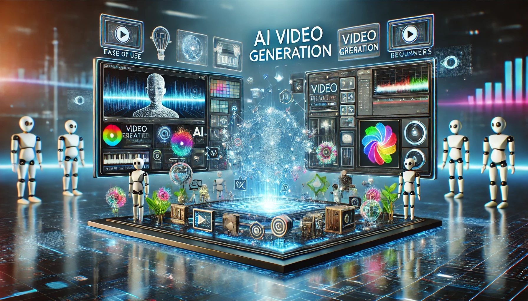 動画生成AIの使い方を示す未来的なインターフェースとアバターが映し出されたホログラムのイメージ