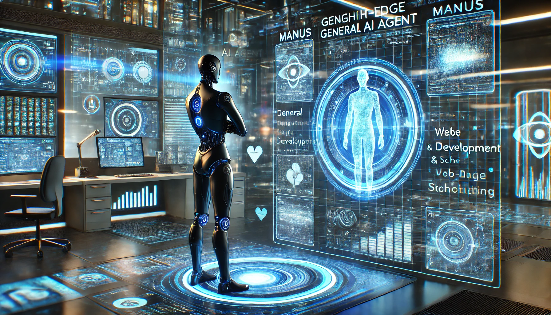 未来的なAI「Manus」がデジタルインターフェース上で自律的にタスクを実行する高技術なシーン