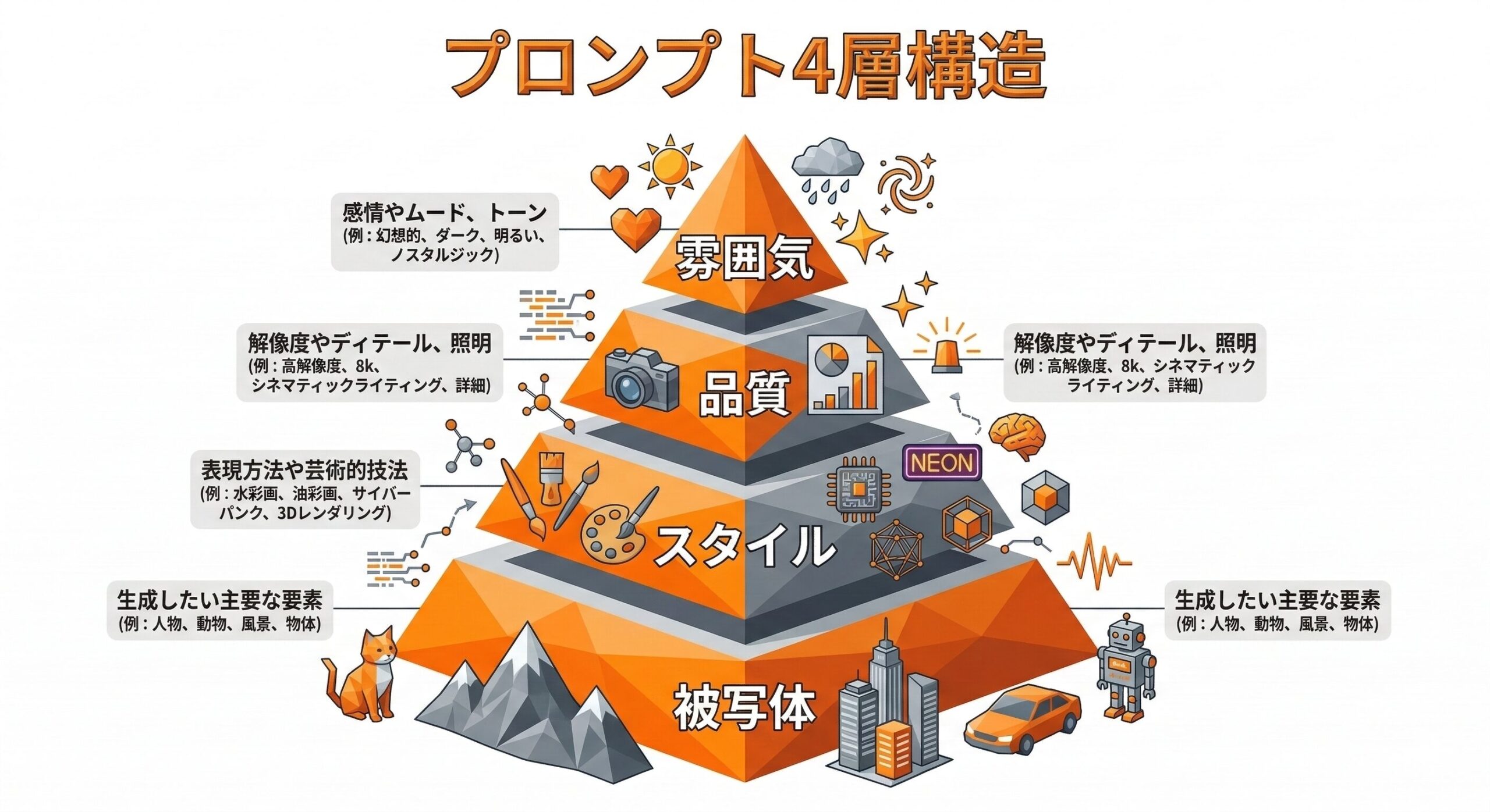 AI画像生成プロンプトの4層構造｜被写体・スタイル・品質・雰囲気の組み合わせ