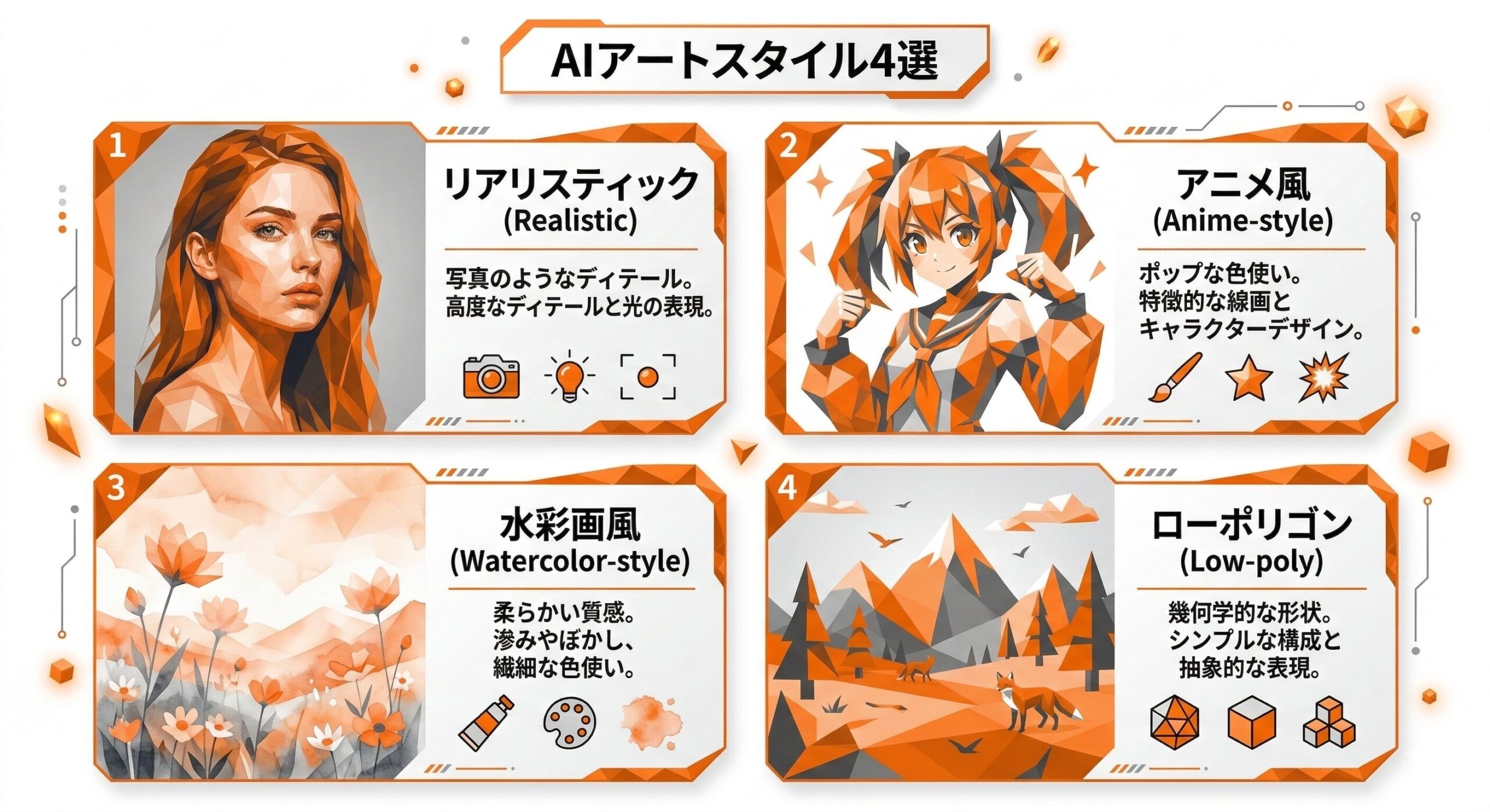 AIアートスタイル4選比較｜リアリスティック・アニメ風・水彩画風・ローポリゴン