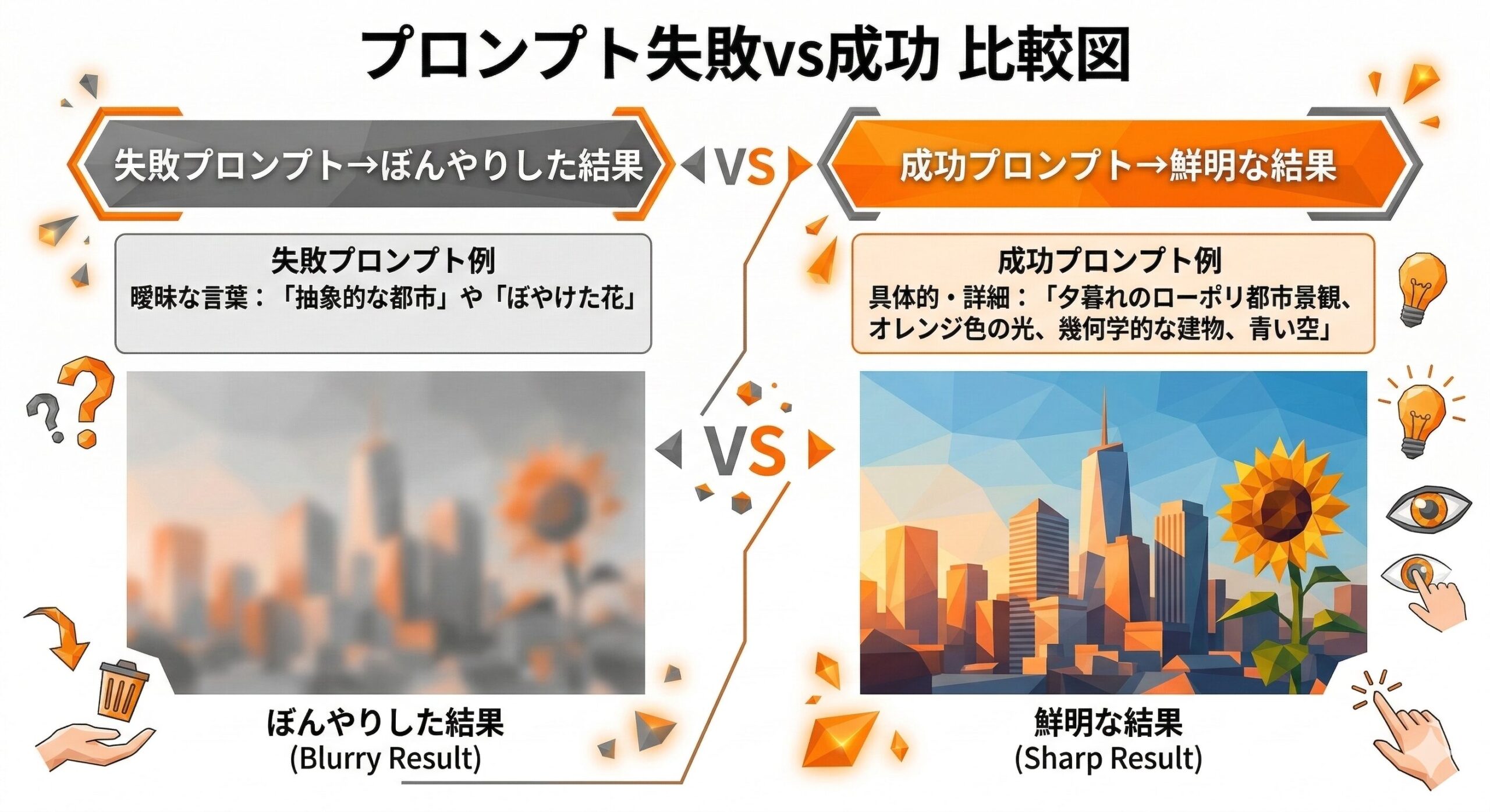 AI画像生成プロンプトの失敗vs成功比較図｜ぼんやりした指示と具体的な指示の違い