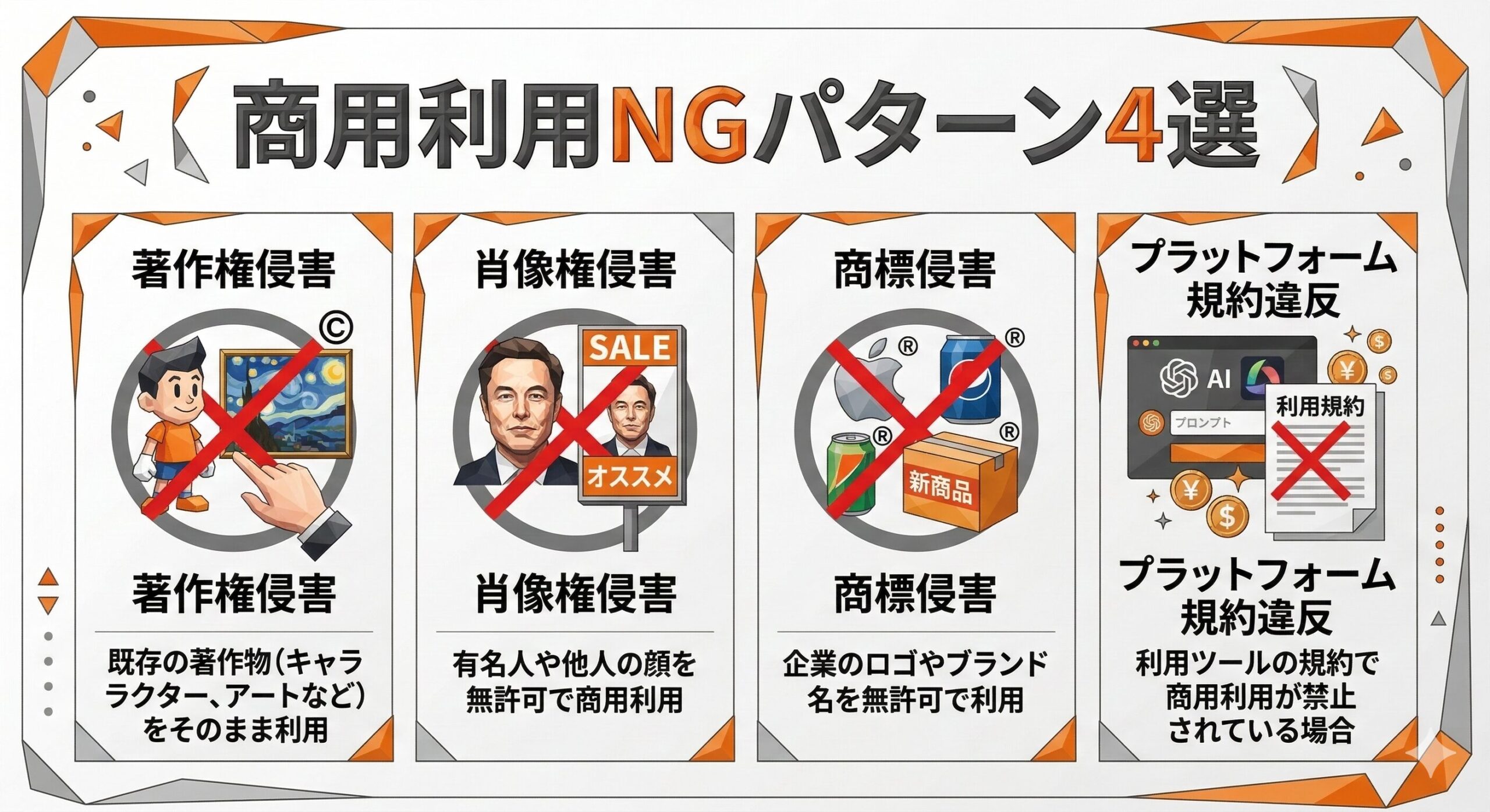 AI画像商用利用のNGパターン｜著作権・商標・肖像権の注意点