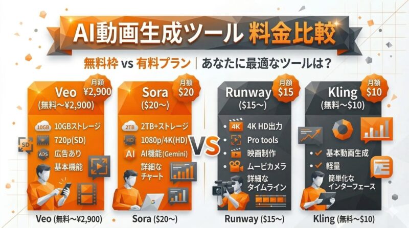 veo 料金 AI動画生成ツール料金比較 Veo Sora Runway Kling