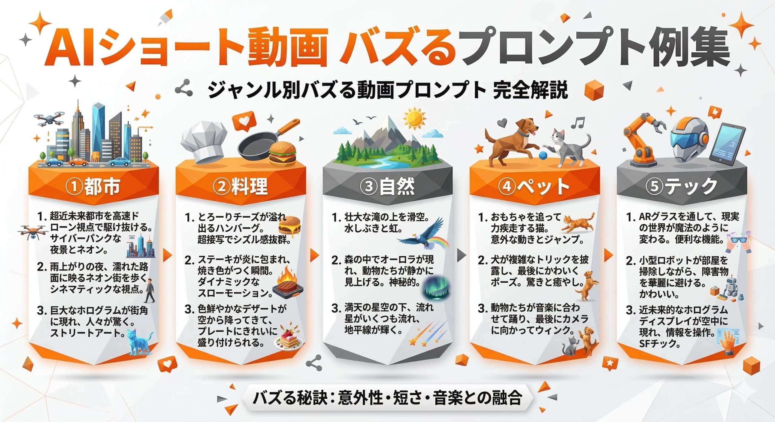 AIショート動画 プロンプト例と生成動画イメージの対比インフォグラフィック