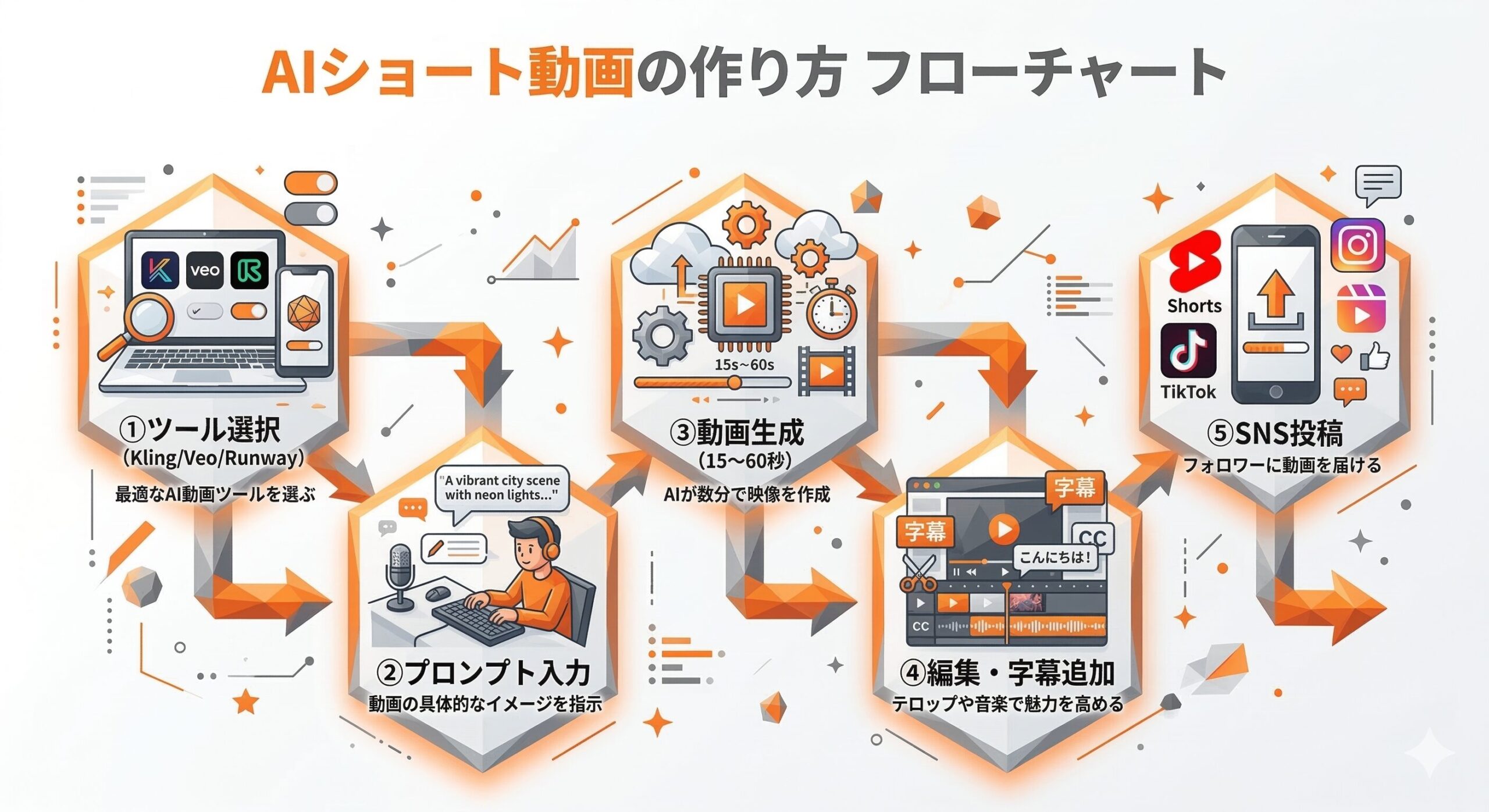 AIショート動画の作り方フローチャート（ツール選定→プロンプト→生成→投稿）