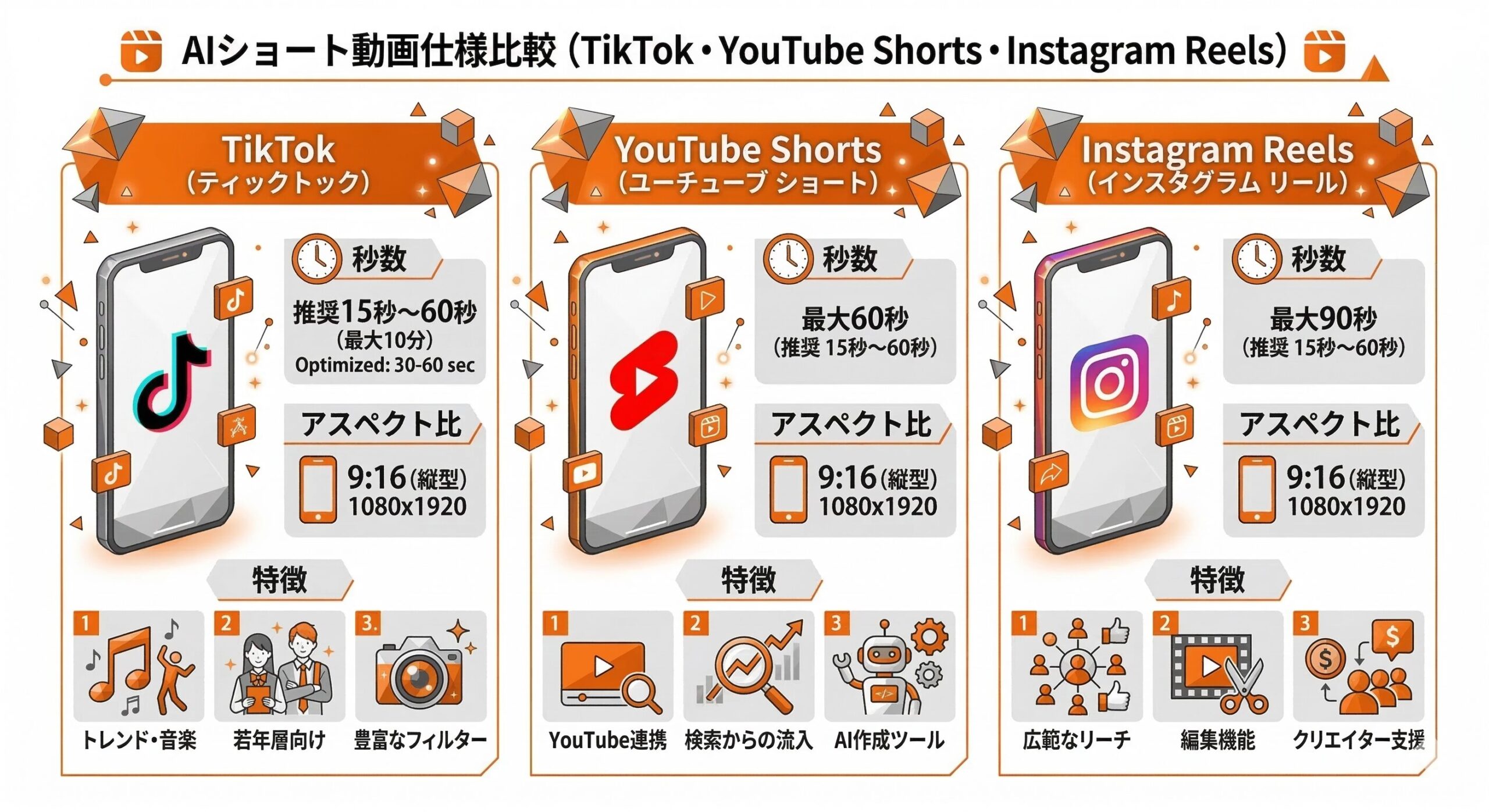 TikTok・YouTube Shorts・Instagram Reels別の動画仕様比較表インフォグラフィック
