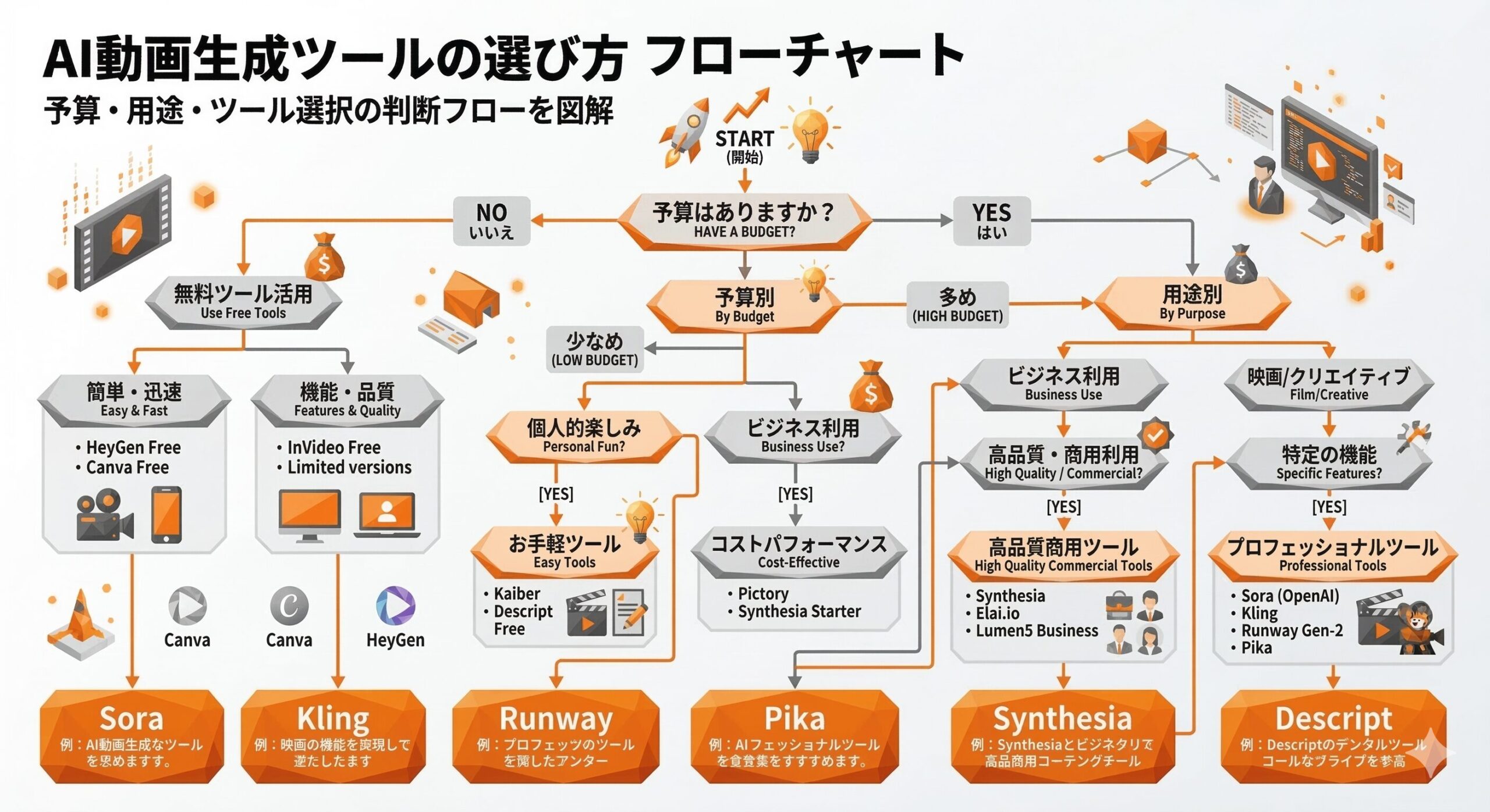 AI動画生成ツール選び方フローチャート 目的別