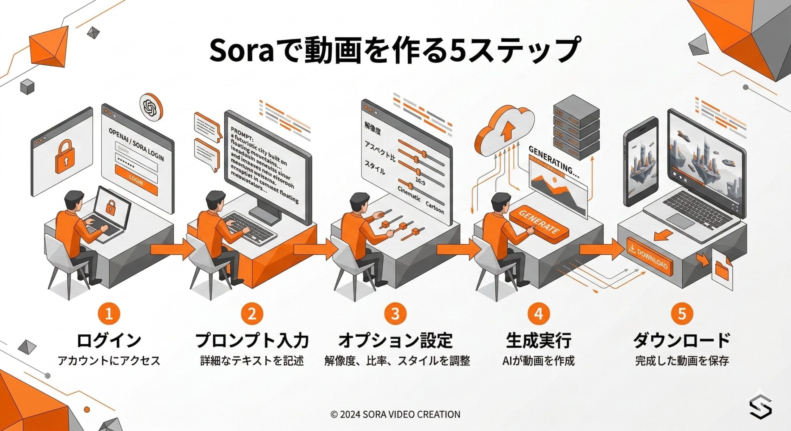 Sora動画生成5ステップのフロー図解