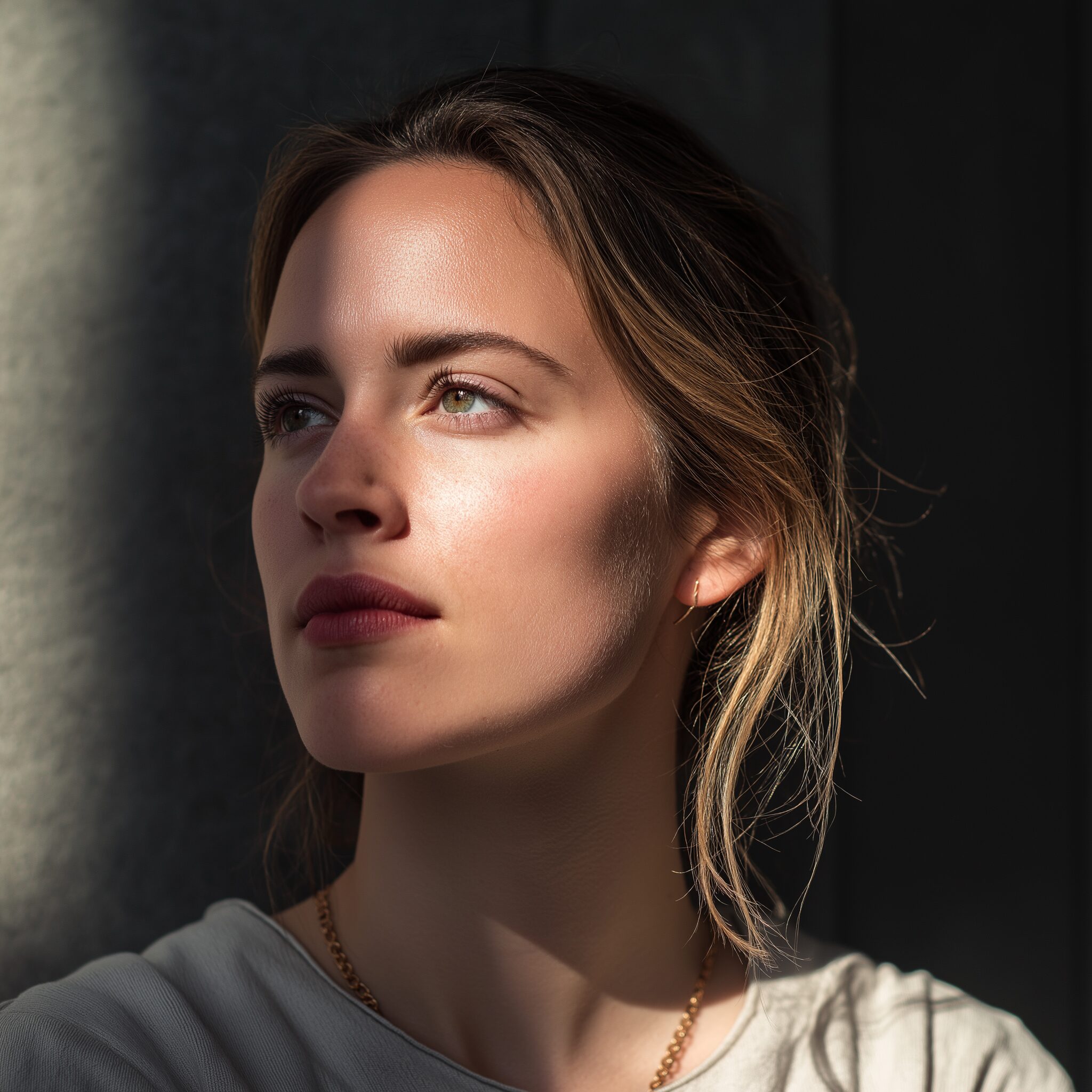Midjourney --stylize 1000で生成した自然光の女性ポートレート画像