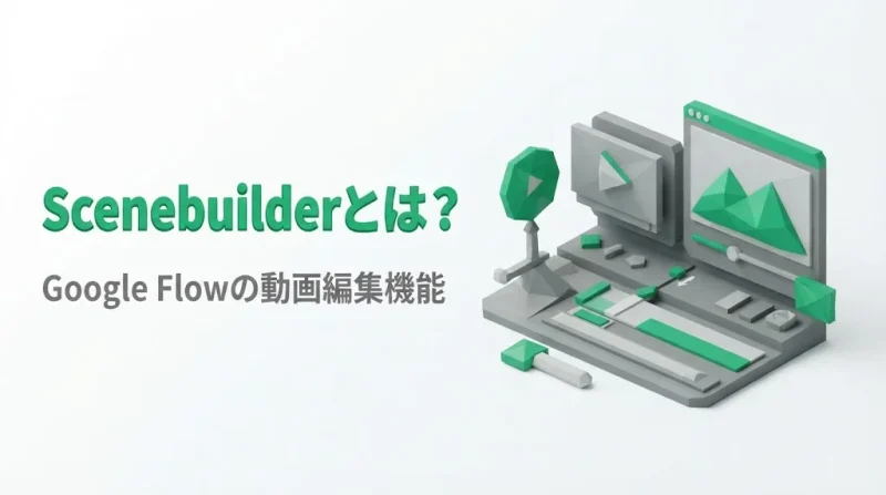 Google FlowのScenebuilderで動画をトリミング・並び替え編集する様子を示すエメラルドグリーンのローポリゴン風サムネイル