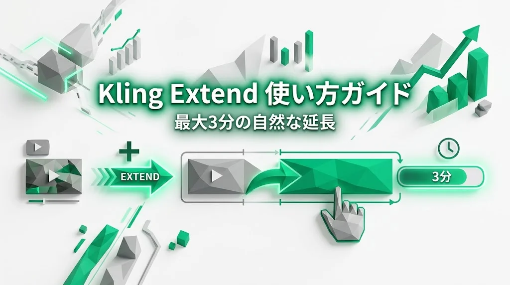 Kling ExtendでAI動画を最大3分まで自然に延長する手順を表したエメラルドグリーンのローポリゴン風インフォグラフィック