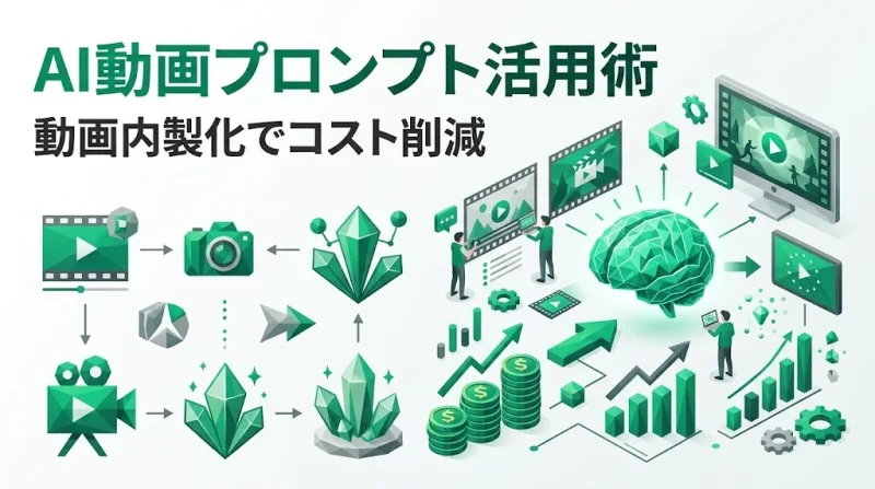 AI動画プロンプト活用術と動画内製化によるコスト削減を表したエメラルドグリーンのローポリゴン風インフォグラフィック