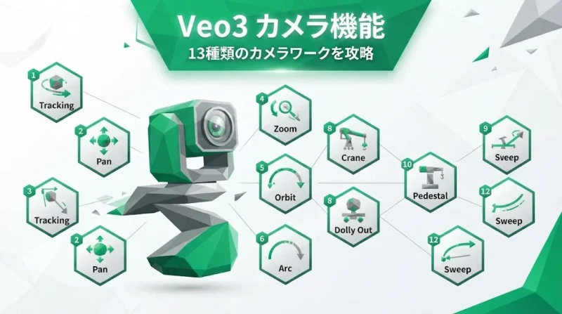 Veo3の13種類のカメラワークを図解したエメラルドグリーンのローポリゴン風サムネイル
