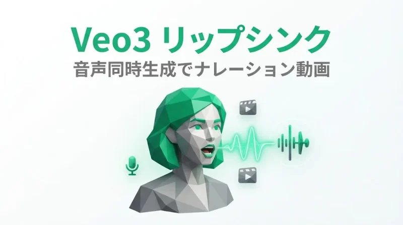 Veo3のリップシンクで音声同時生成しナレーション動画を作る手順を示すエメラルドグリーンのローポリゴン風サムネイル