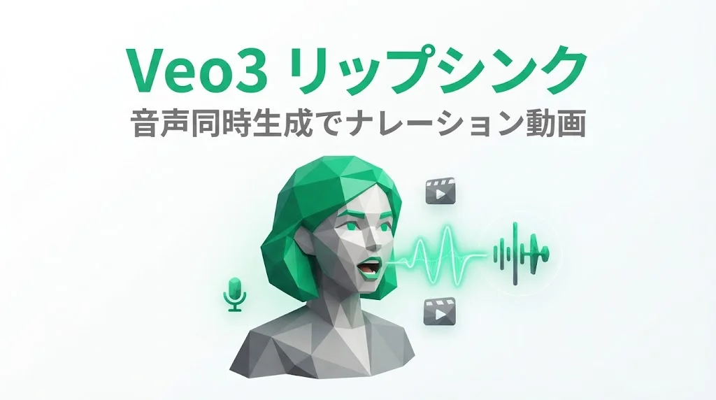 Veo3のリップシンクで音声同時生成しナレーション動画を作る手順を示すエメラルドグリーンのローポリゴン風サムネイル