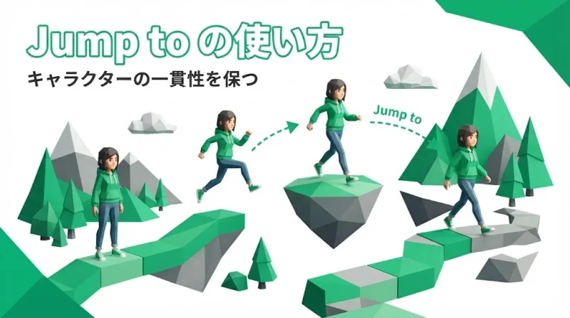 Jump to機能でキャラクターの一貫性を保ちながら別シーンを生成することを示すエメラルドグリーンのローポリゴン風サムネイル