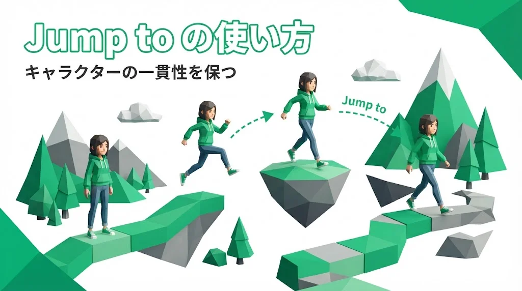 Jump to機能でキャラクターの一貫性を保ちながら別シーンを生成することを示すエメラルドグリーンのローポリゴン風サムネイル