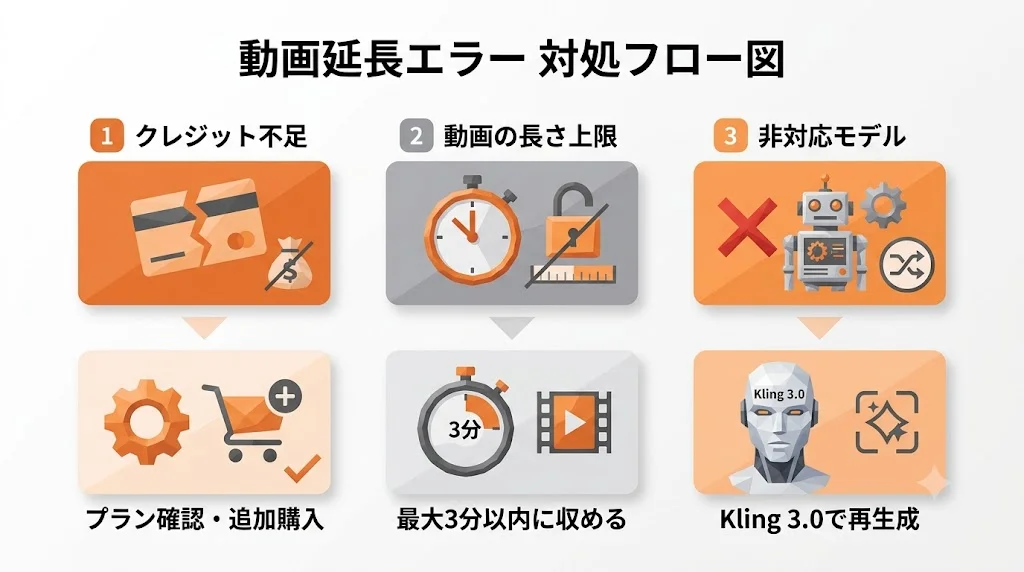 Kling Extendで動画を延長できない時の3つの原因と対処法。クレジット不足・動画の長さ上限・非対応モデルそれぞれの解決手順