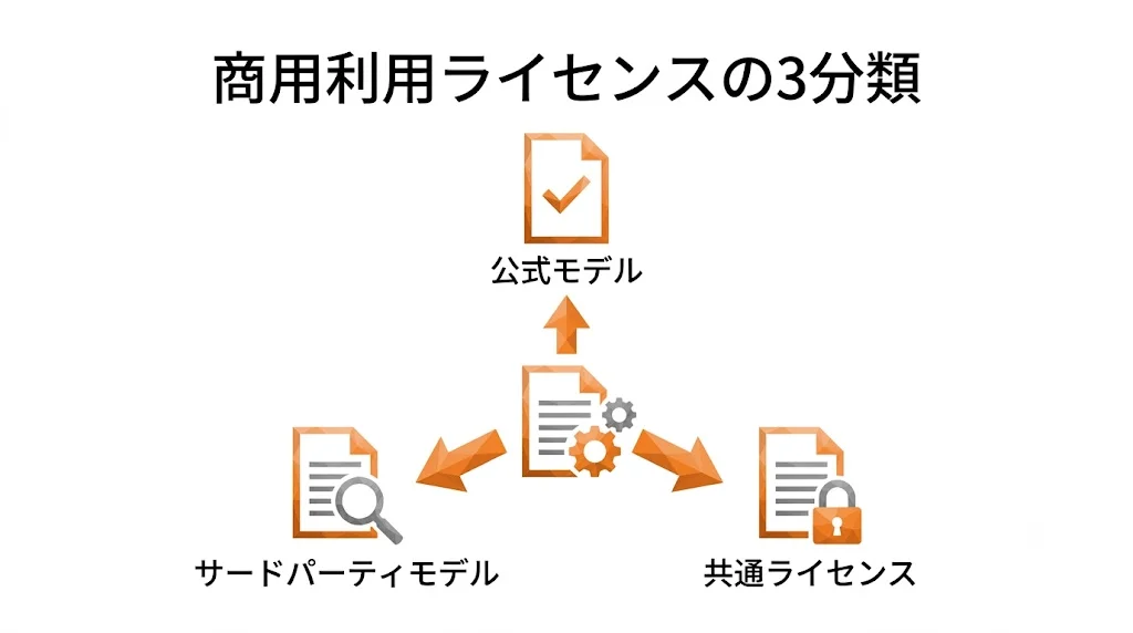 Stable Diffusion商用利用ライセンスの3分類（公式モデル・サードパーティモデル・共通ライセンス）の分岐図
