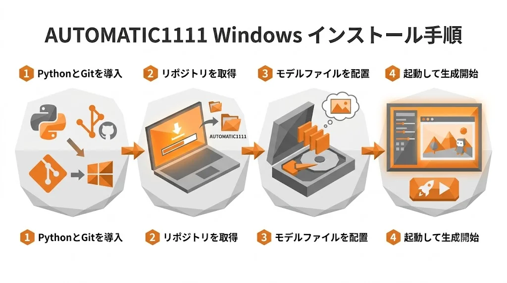 AUTOMATIC1111をWindowsにインストールする4ステップの手順図。PythonとGitの導入、リポジトリ取得、モデルファイル配置、起動して生成開始