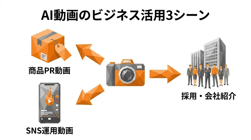 AI動画のビジネス活用3シーン（商品PR動画・採用会社紹介動画・SNS運用動画）の分岐図
