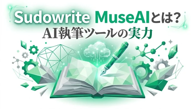 Sudowrite MuseAIの特徴とAI執筆ツールの実力を表したエメラルドグリーンのローポリゴン風インフォグラフィック