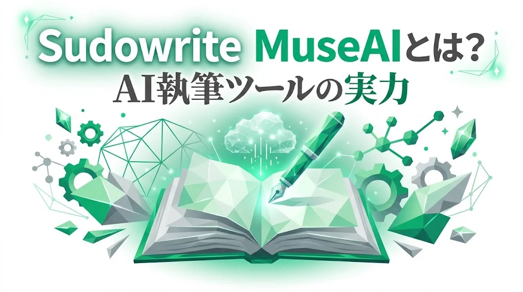 Sudowrite MuseAIの特徴とAI執筆ツールの実力を表したエメラルドグリーンのローポリゴン風インフォグラフィック